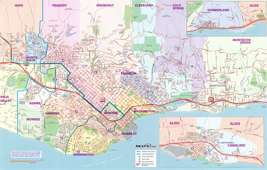 A map, provided by the Santa Barbara School District, shows neighborhood boundaries for various school attendance.